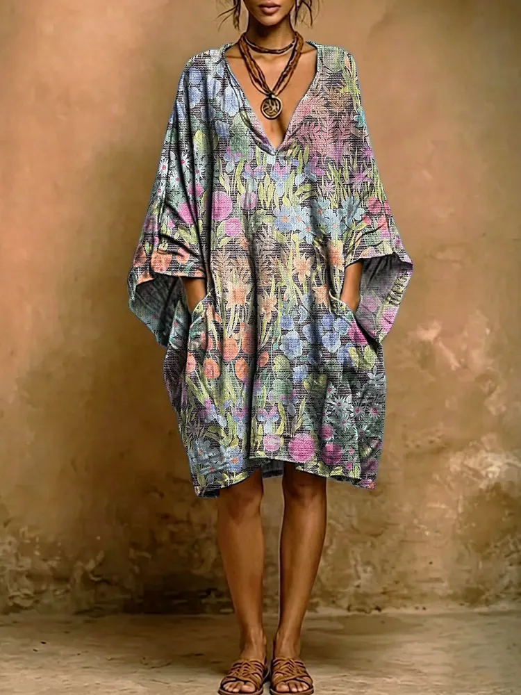 Women's Vintage Floral Print Short-sleeve Cotton-linen Dress