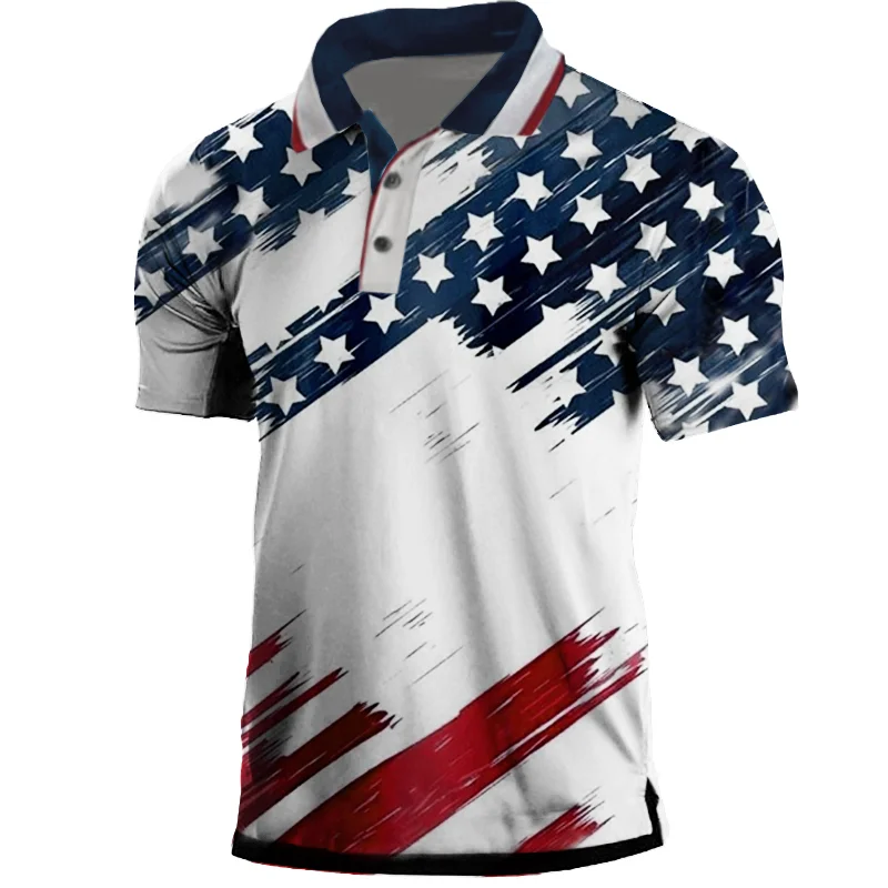 Men's Outdoor American Flag Print Pollol Neck T-Shirt