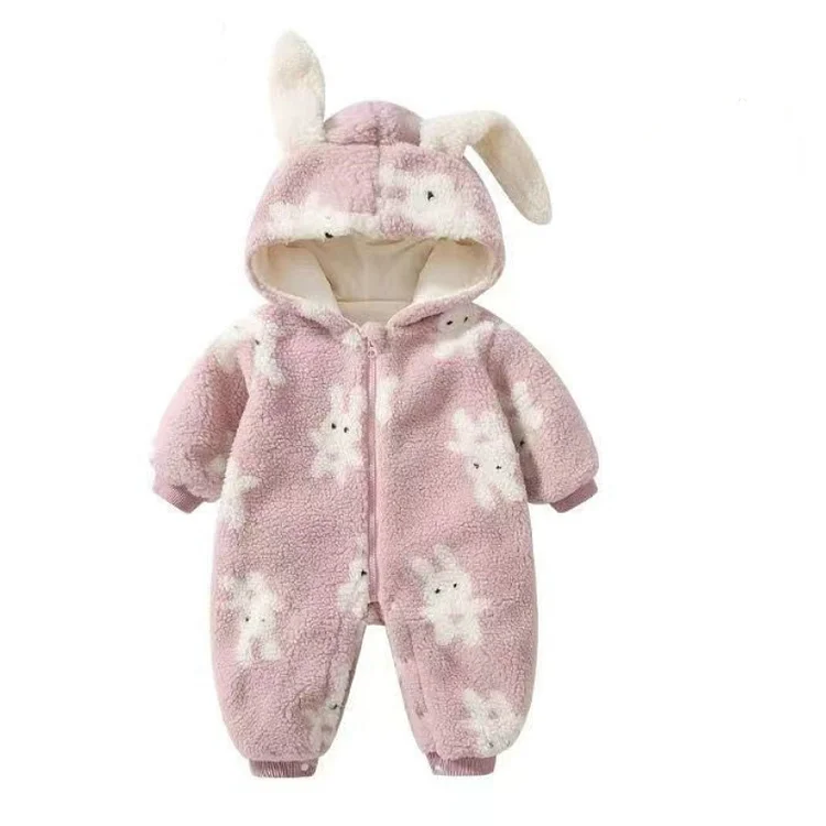 Baby Boy/Girl Bear and Rabbit Print Long Sleeve Hooded Fluff Romper