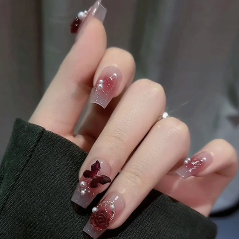 Buyerint 24pcs Wearable Pink Press on Nails – Butterfly Lovely Girl False Nails Tips with Jelly Gel Design  