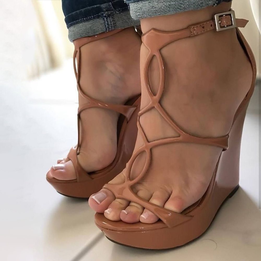 Tan Patent Leather Hollow Out T-Strap Platform Sandals with Wedges
