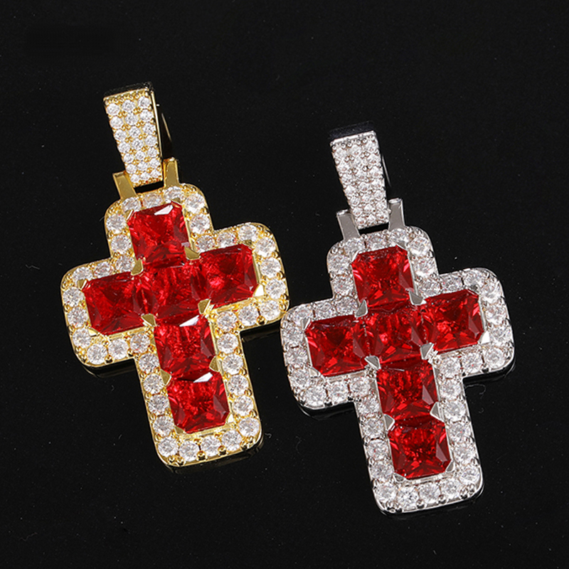 Iced Out Red Zircon Cross Pendant Hip Hop Charm Necklace Jewelry Gift-VESSFUL
