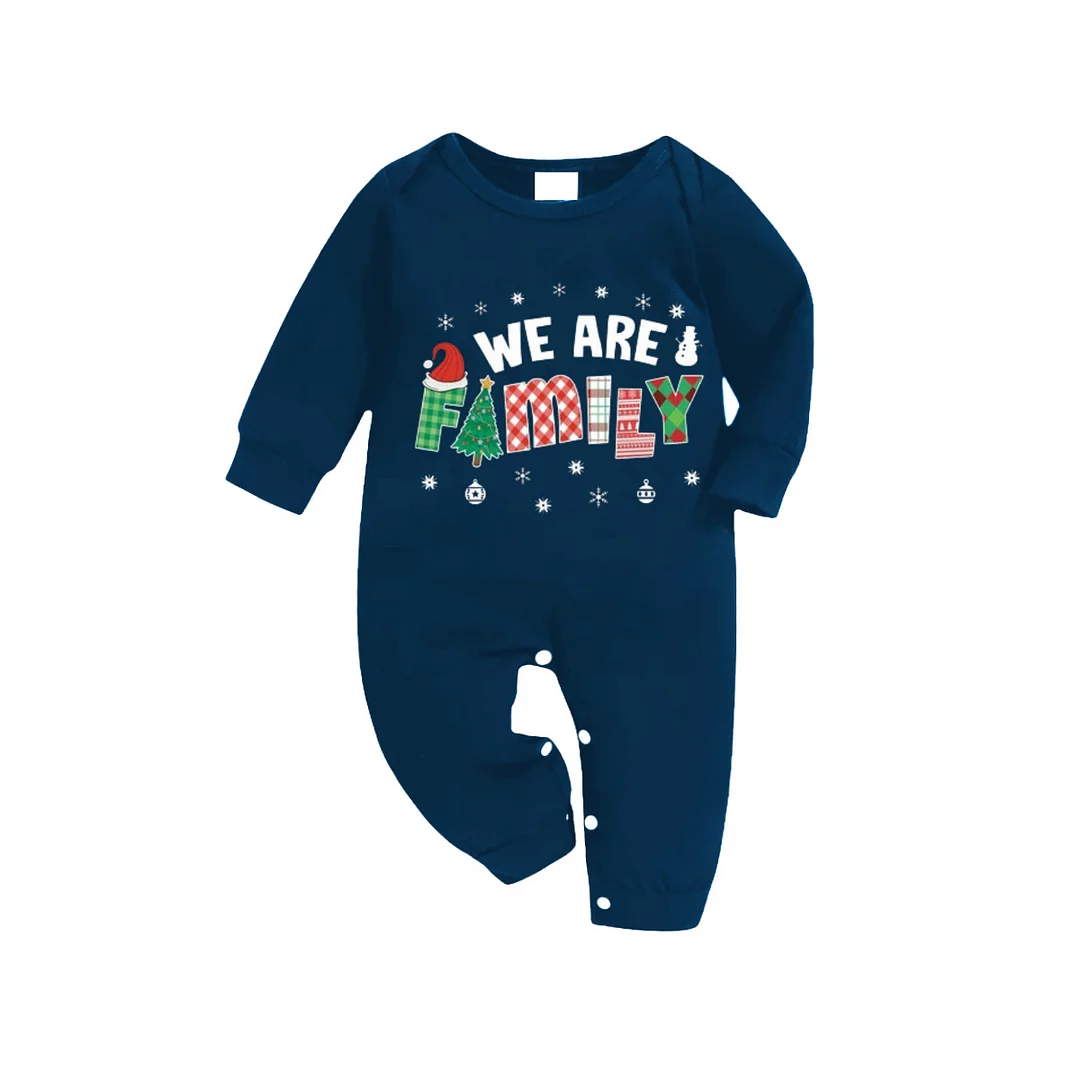 Cute "We are Family" Print Blue Long Sleeve Top With Blue Plaid Family Matching Pajamas