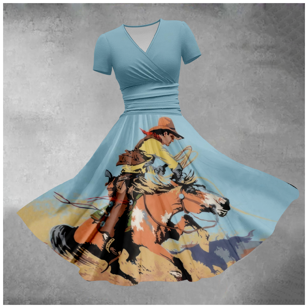Women's Retro Cowboy Printed Short Sleeved Dress.