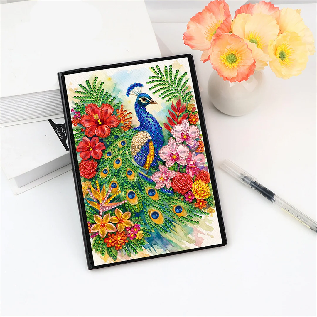 DIY Flower Diamond Painting Journals Notebooks 50 Pages A5 No Lines Special Shaped Diamond Art Kits for Beginners Craft Lovers and Artists (Peacock and Flowers)