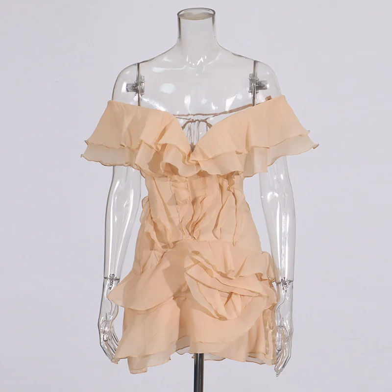 Zingj High-Level Temperament Short Dress 2025 New Lotus Leaf Side Shoulder Design Waist Thin Dress Dress Woman