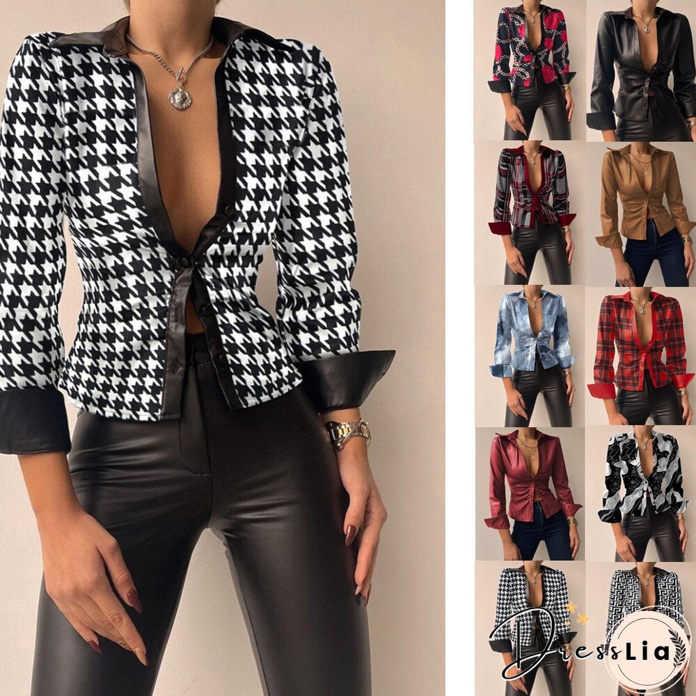 Spring Long-sleeved V-neck PU Leather Stitching Women's Leather Jacket Soldi Color Print Slim Coat Jackets For Women