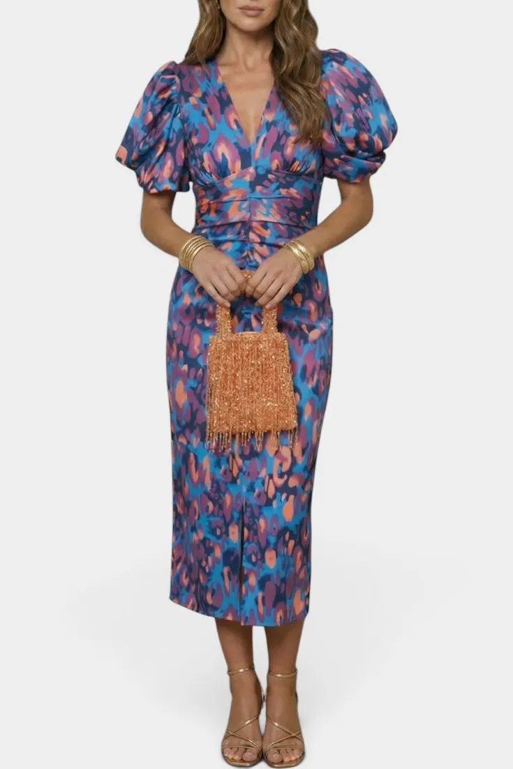V-Neck Midi Dress with Puff Sleeves and Ruched Waist