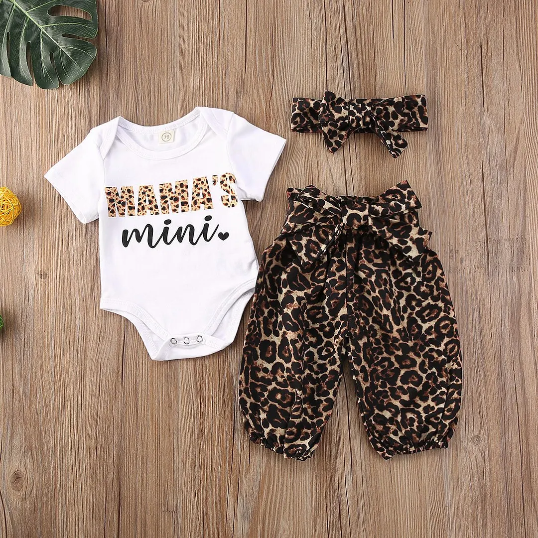 2020 Baby Summer Clothing Infant Newborn Baby Girl Letter Bodysuits Leopard Pants Headband 3Pcs Set Outfits