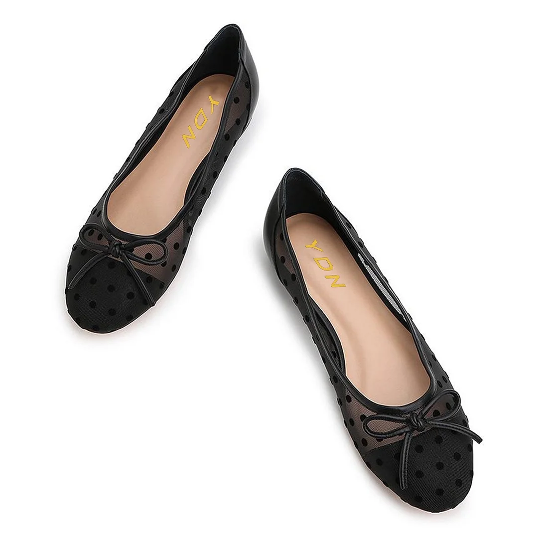 Fashion Black Round Toe Polka Dot Slip On Ballet Flats with Bow