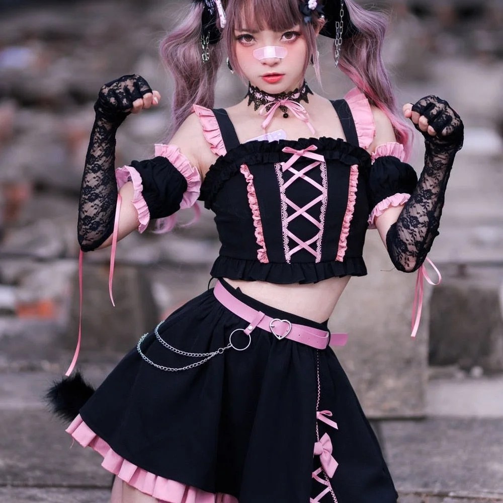 Back to School Japanese Harajuku Girls Summer New Black Pink High Waist Bow Stitching Skirts Sweet Lolita Mini Skirts Kawaii Y2k Hot Girl Suit
