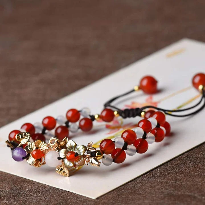Garnet Bead Flower Petal Green Aventurine Luck Bracelet