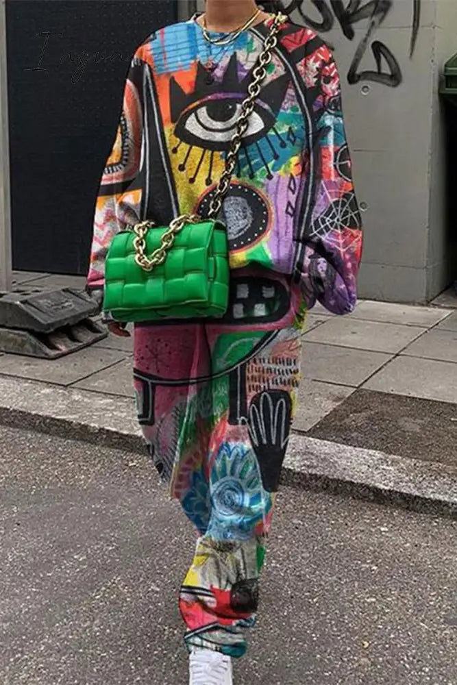 Ingvn - Casual Print Patchwork O Neck Long Sleeve Two Pieces Colour / S Pieces/Two-Piece Pants Set