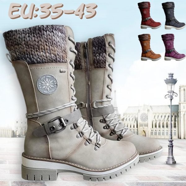 Women's Retro Style Chunky Low Heel Lace Up Knitted Mid-Calf Boots Leather Cowboy Boots Motorcycle Boots Plus Size - Shop Trendy Women's Fashion | TeeYours