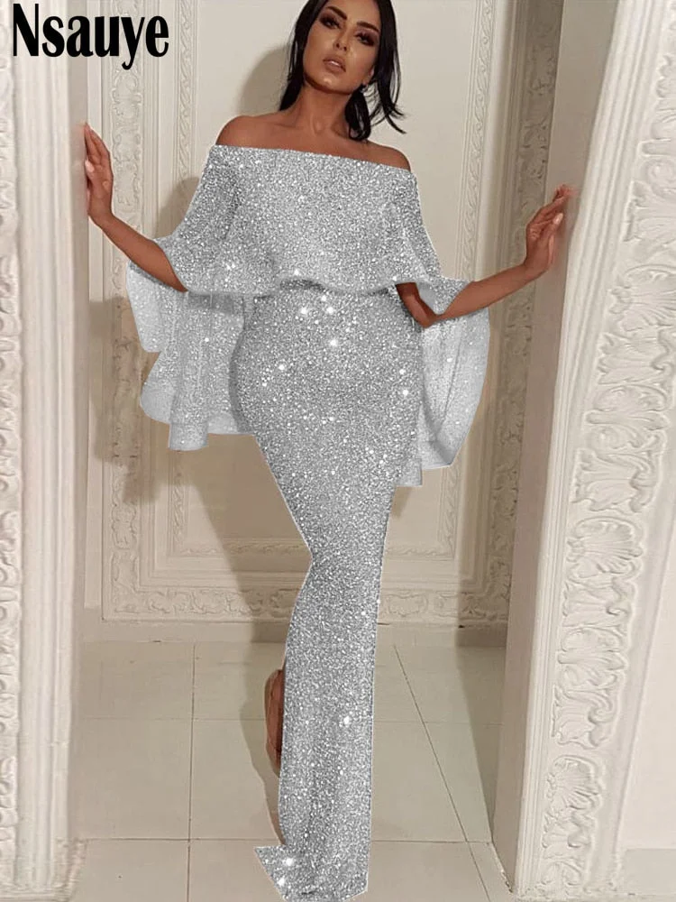 Nsauye 2022 Bling Glitter Elegant Party Evening Maxi Dress Y2K Bodycon Sexy Women Summer Off Shoulder Ruffles Solid Long Dresses