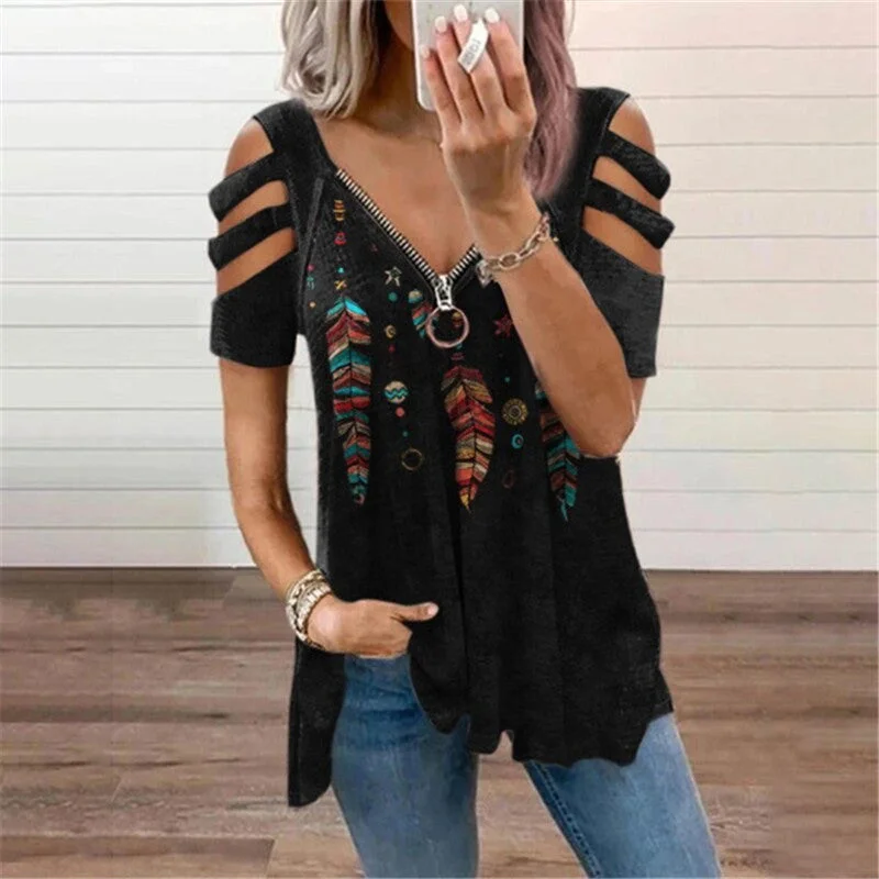 Brownm Collar Leisure Zipper Pullover Print Short Sleeve Loose T-shirt Top