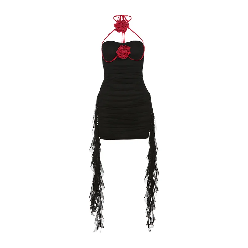 Ueong Ueong Summer New Women's Wear Trend Contrast Color Flower A Word Hanging Neck Wave Edge Dress