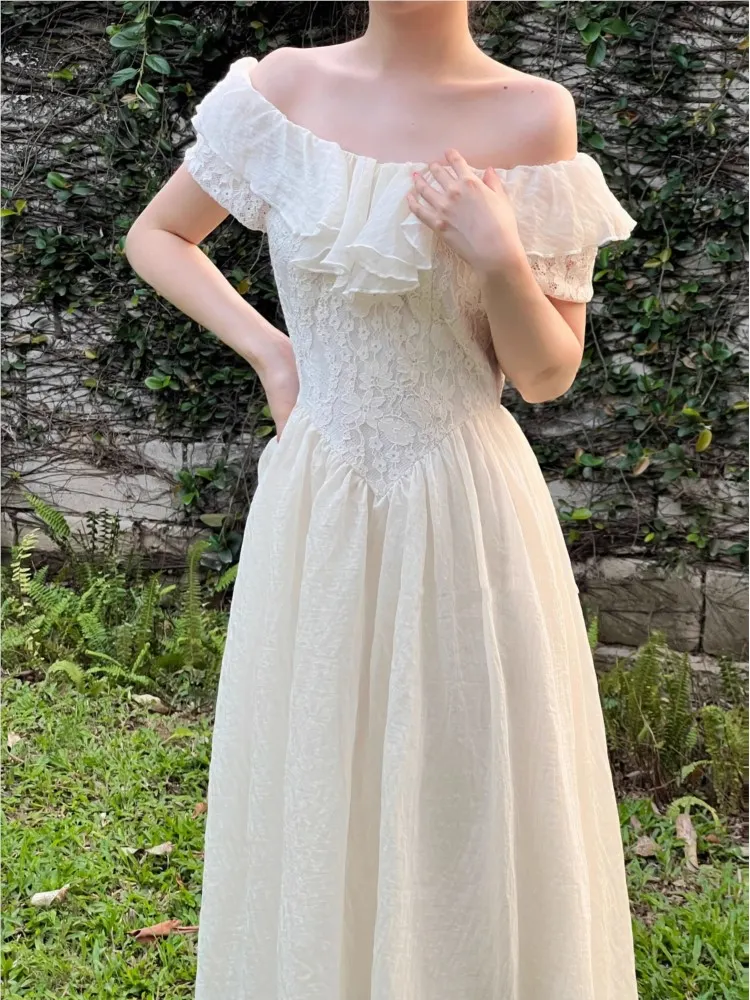 New Summer Elegant Off Shoulder Midi Dress Women Lace Patchwork Ruffles A-line French Vintage Prom Robe Casual Vestidos 2024