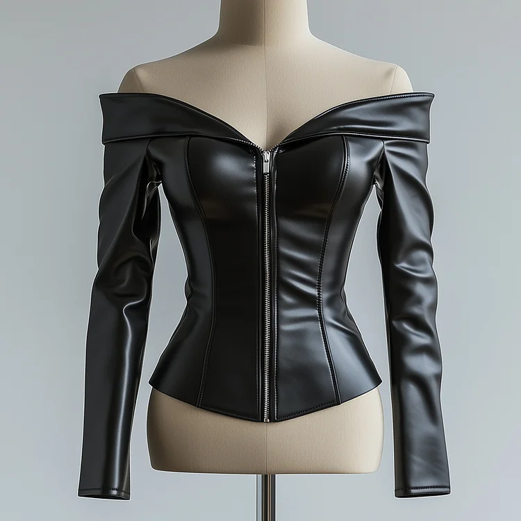Ursime PU Leather Off Shoulder Long Sleeve Zip Up Blouse