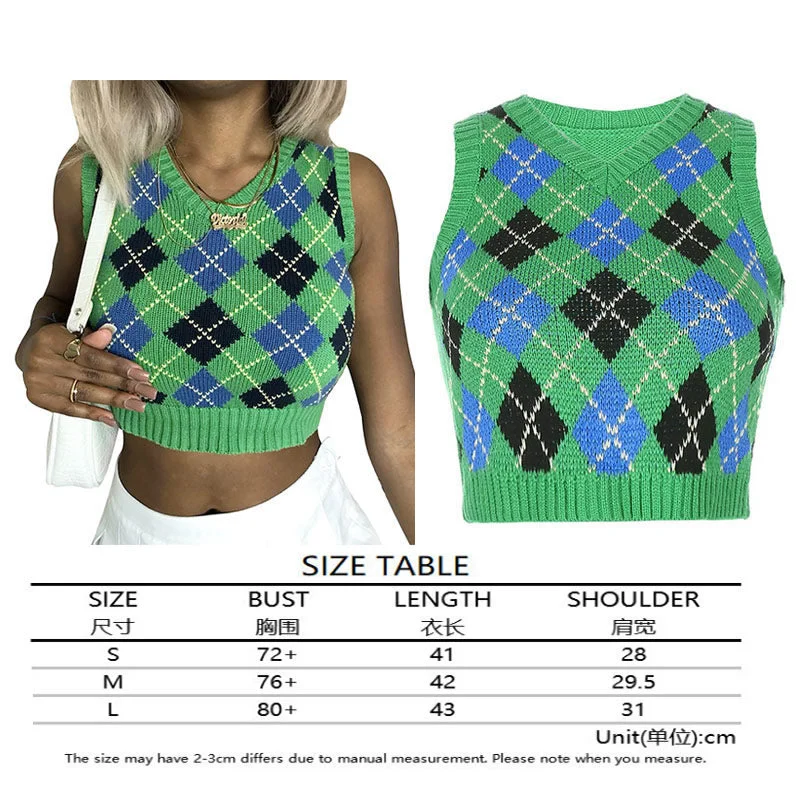 Argyle Sweater Vest Women  Black Sleeveless Plaid Knitted Crop Sweaters Casual Autumn Preppy Style 2020 tops V Neck Vintage