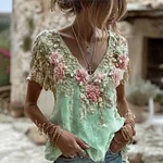 Women's Pink Roses Embroidered Art V-neck Short Sleeve T-shirt - Image 4