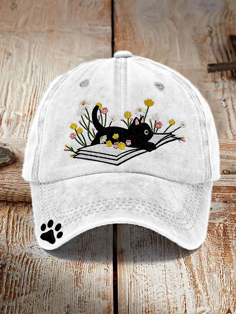  Cute Lying On The Book Cat Embroidered Art Cap Westsshops