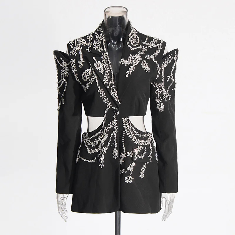 Zingj Fashion Temperament Suit Jacket Woman 2025 Spring New Heavy Industry Water Drill Splicing High-End Feel Waist Long-Sleeved Suit