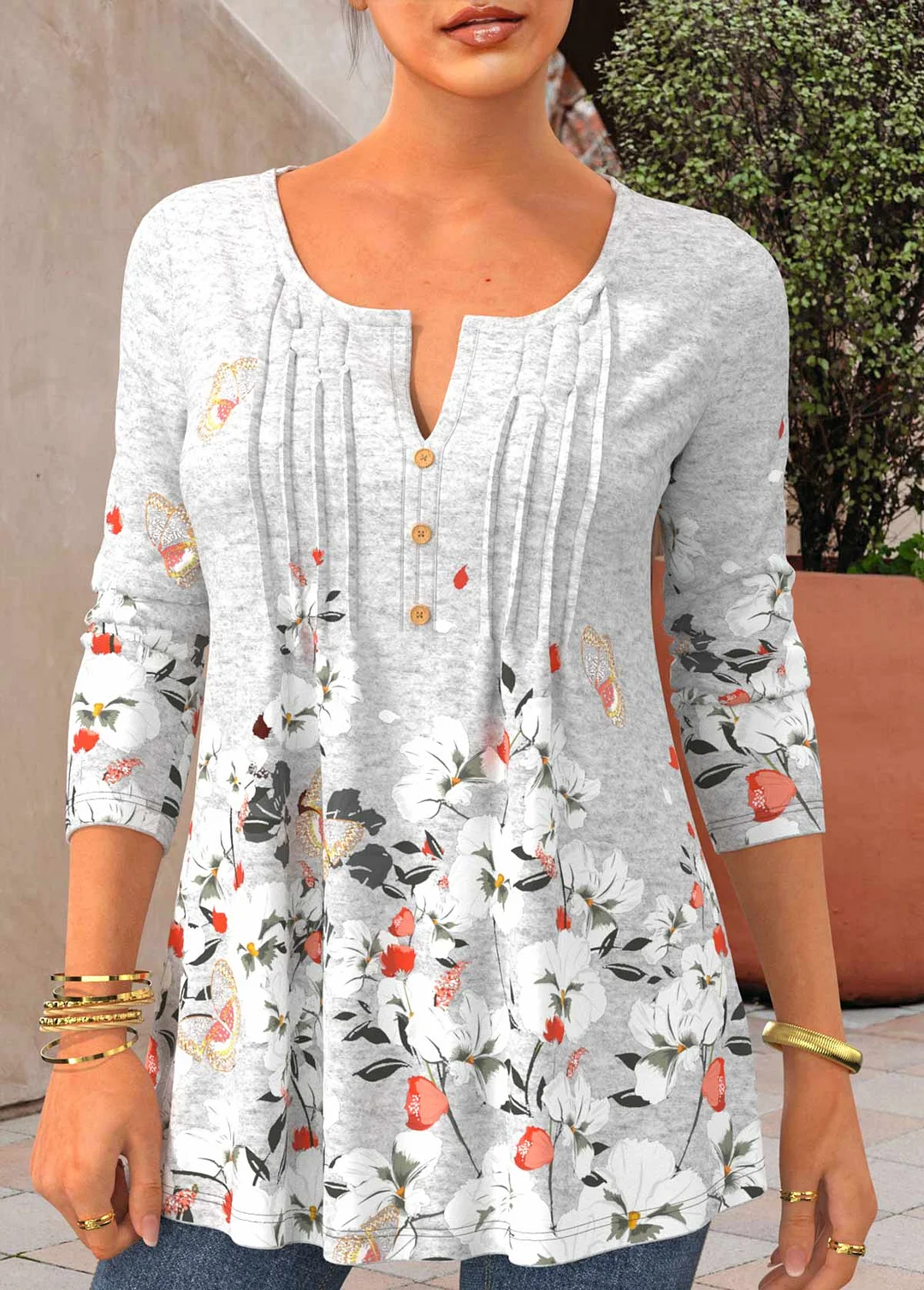Floral Print Light Grey Split Neck Blouse