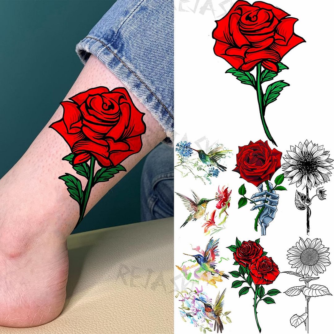 Colored Rose Fashion Feet Temporary Tattoos For Women Adult Hummingbird Sunflower Fake Tattoo Body Art Washable Tatoos Sticker