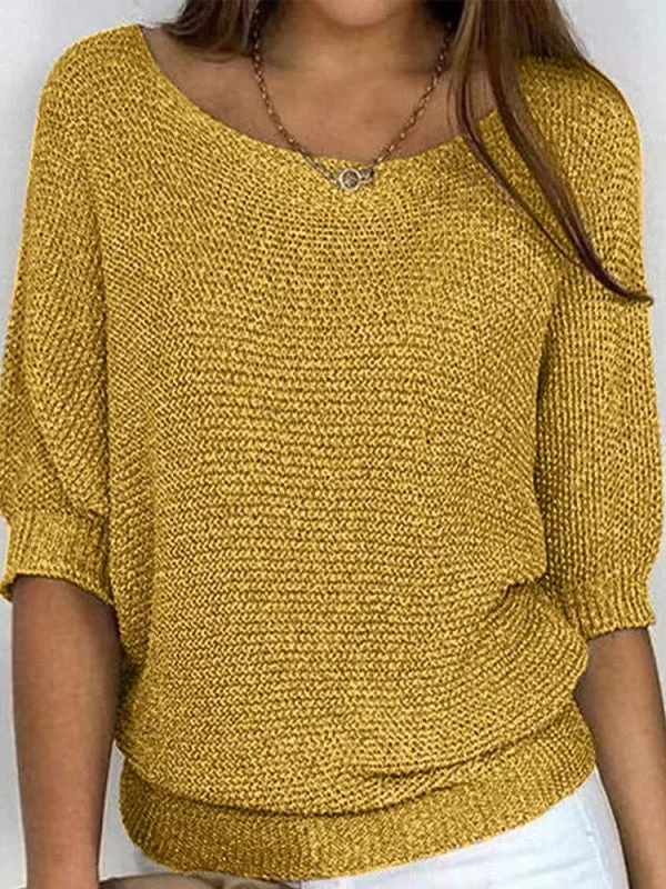Solid Color Crew Neck Sweater For Women Elegant 3/4 Bat Sleeve Top