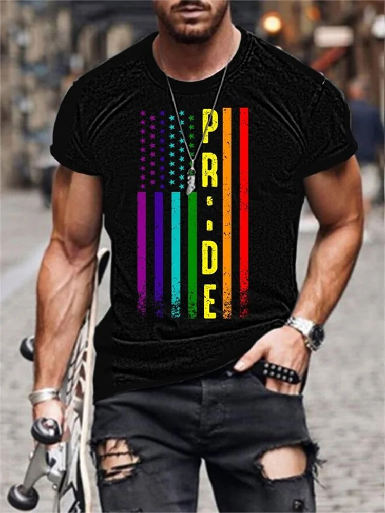 Pride Rainbow Flag Print Crew Neck T Shirt