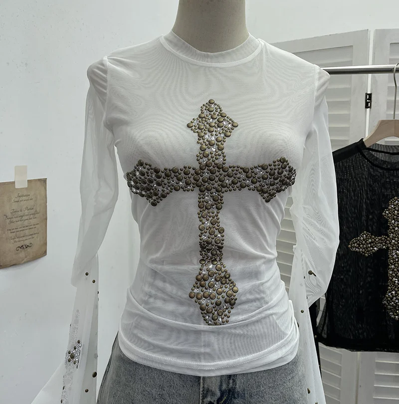 Nigikala Nigikala Shooting Heavy Industry Design Sense Cross Rivet Water Drill Waste Soil Horn Sleeve Double Mesh Yarn Trinket 2706