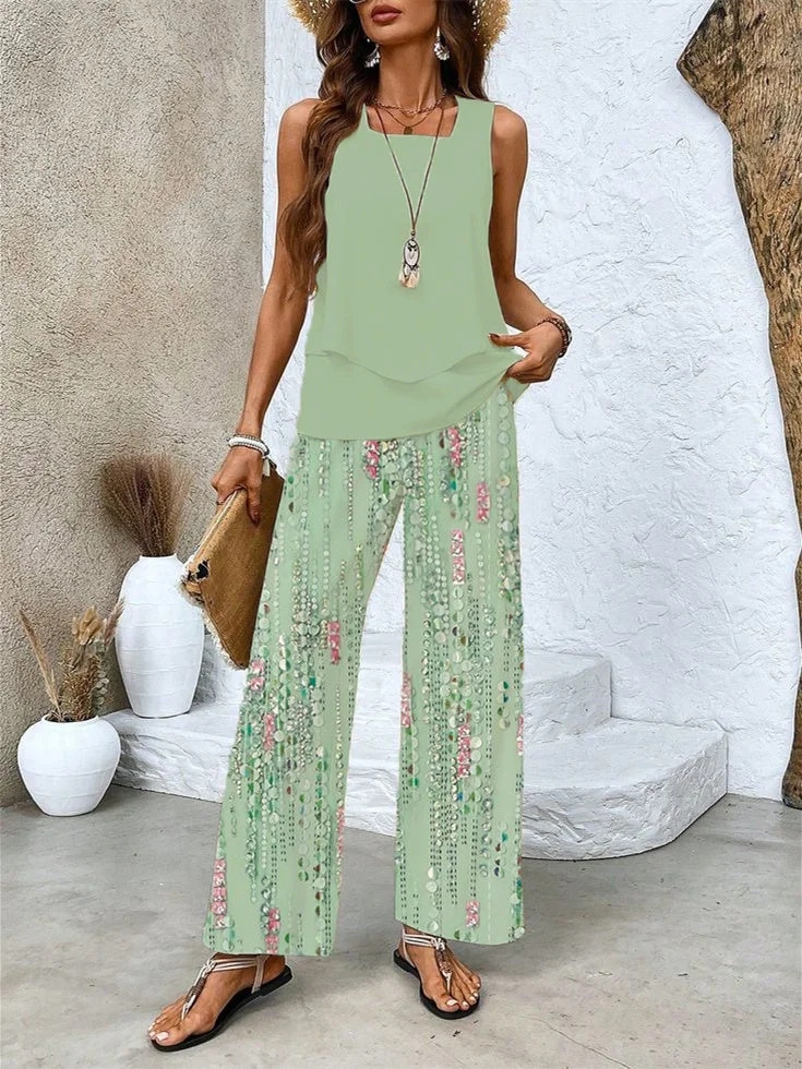 Women's Sleeveless Square Collar Graphic Printed Casual Set