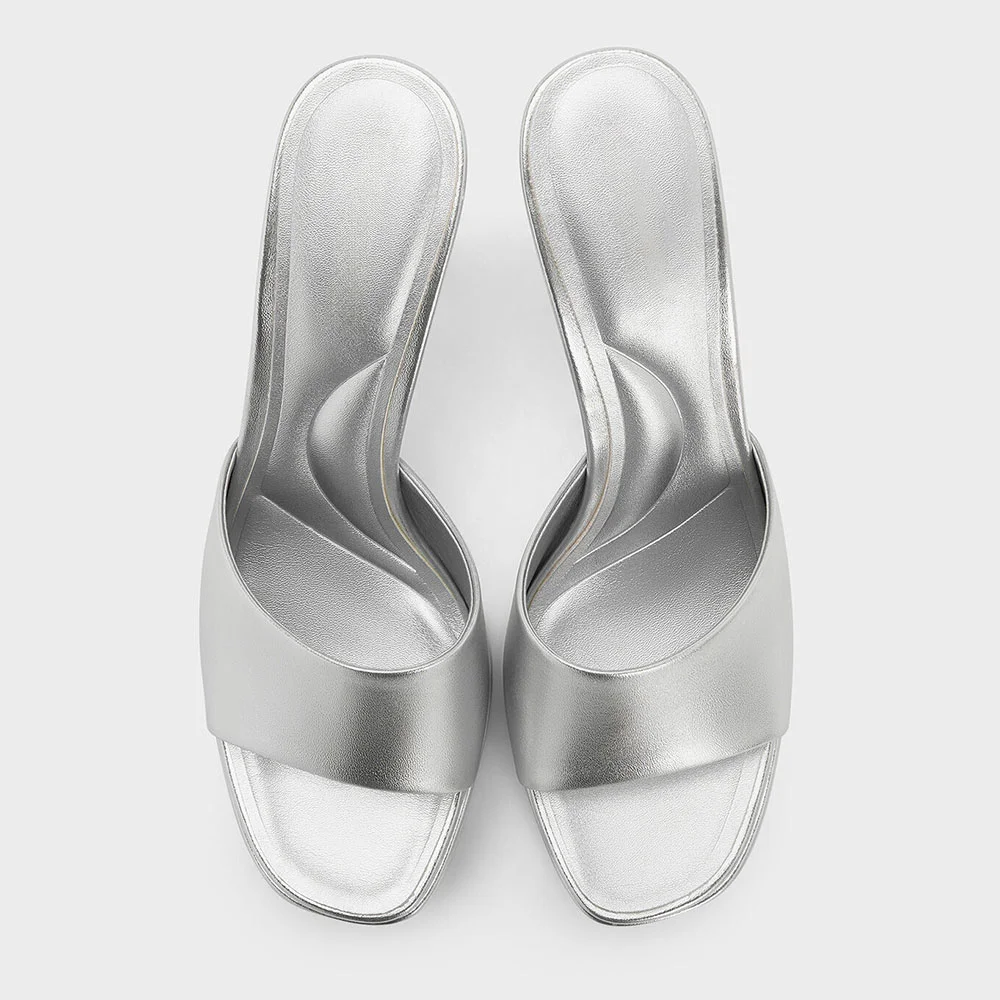 Women's Metallic Silver Square Toe Wide Strap High Heeled Mules