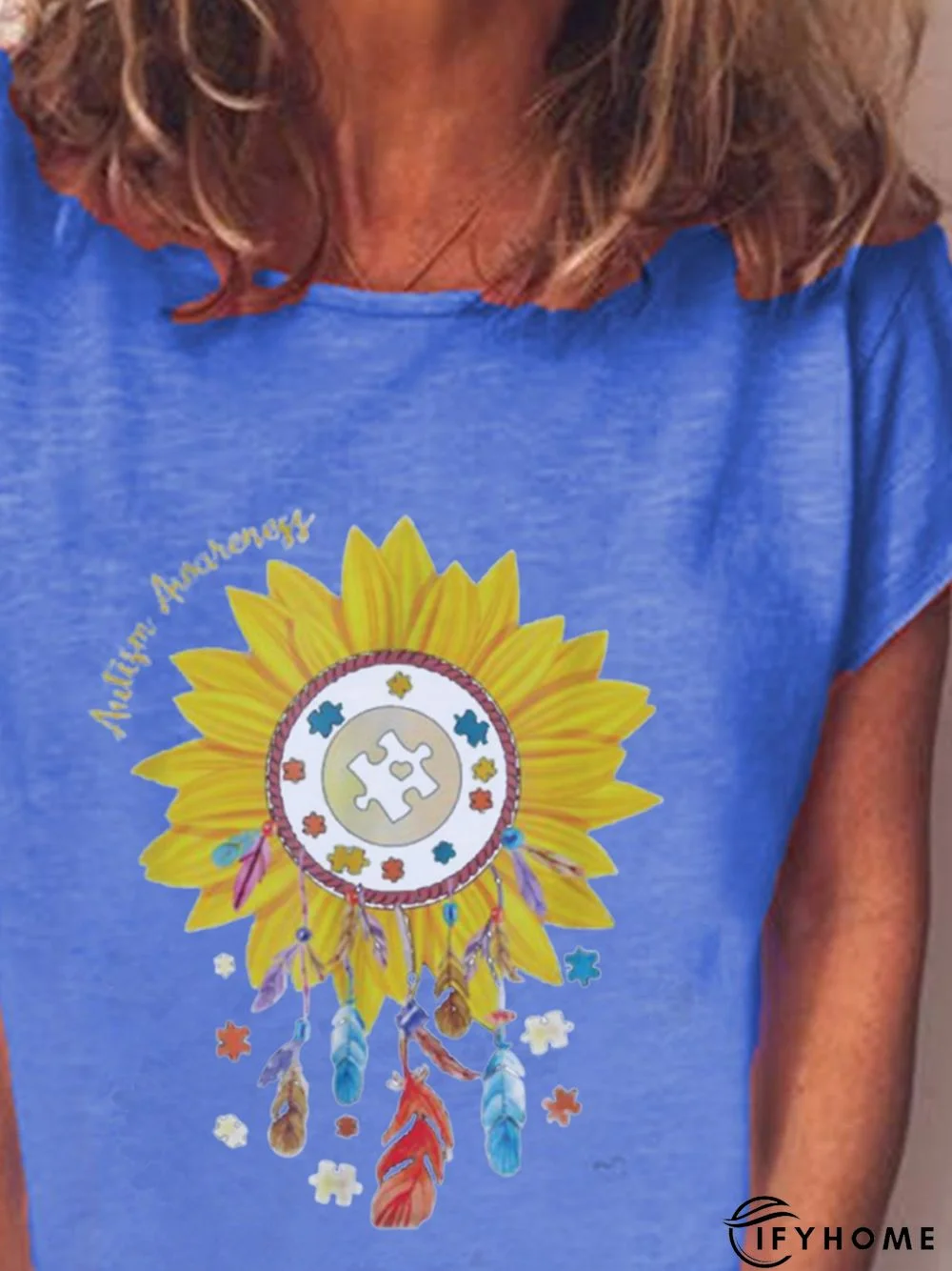 Blue Round Neck Casual Short Sleeve T-shirt | IFYHOME