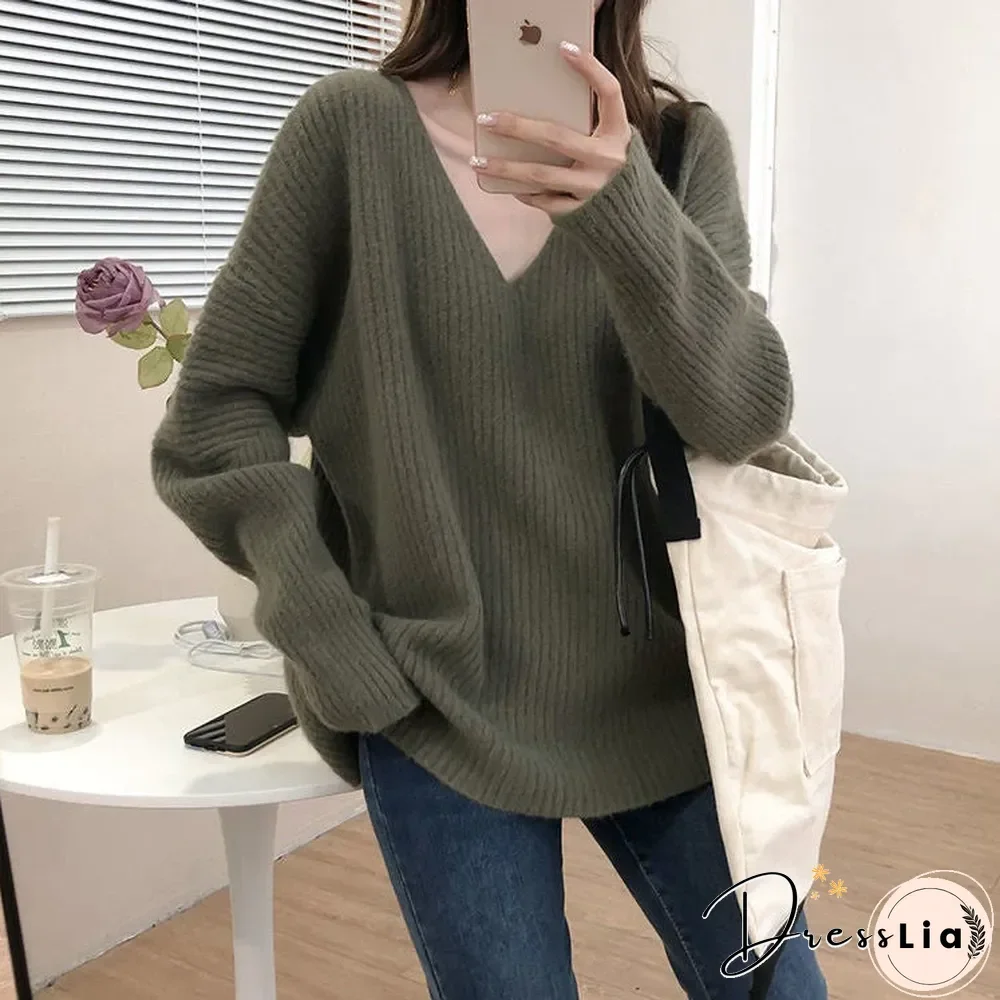 Retro Lazy V-neck Loose Sweater
