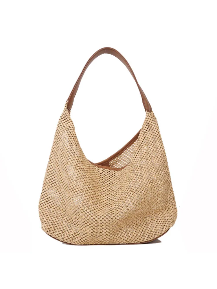 Woven Hollow Handbag Large Shoulder Beach Travel Shopper Tote Bags (Brown)