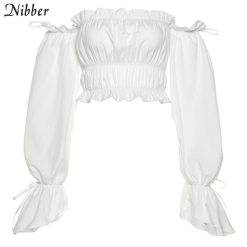 Nibber gentlewoman elegant off shoulder top tee shirt women high street casual club party wear white tees autumn crop top female