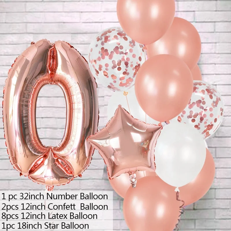 12Pcs Rose Gold Number Foil Latex Balloons Kids Adult Birthday Party Decoration 1st Birthday Gril Boy Decor Baby Shower Balloon