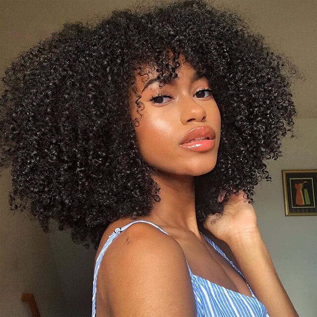 Afro Kinky Curly Wig With Bangs Full Machine Made Natural Color Wig 200% Density Virgin Brazilian Short Curly Human Hair Wigs US Mall Lifes