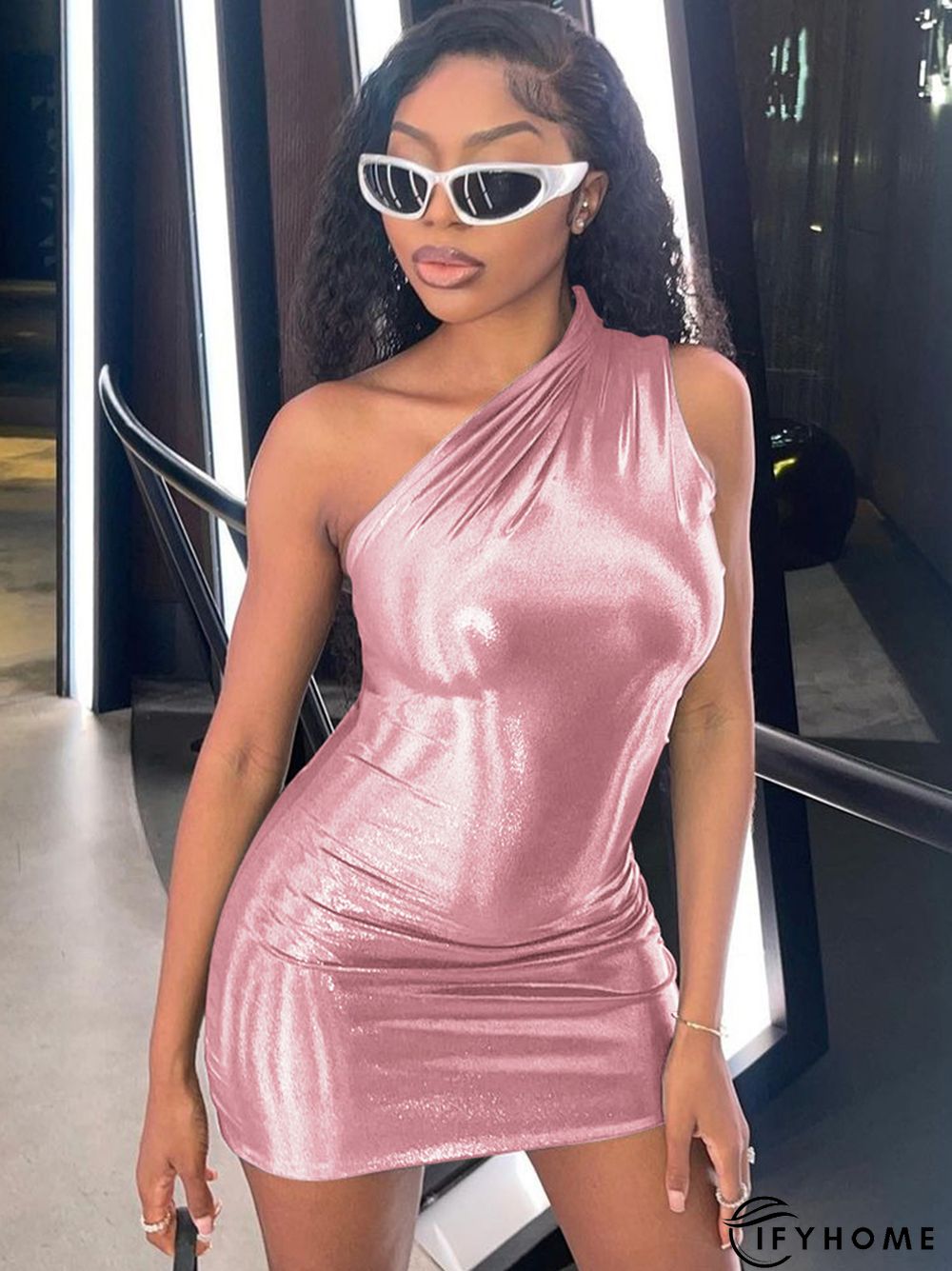 Pu Leather One Shoulder Sleeveless Draped Mini Prom Dress | IFYHOME