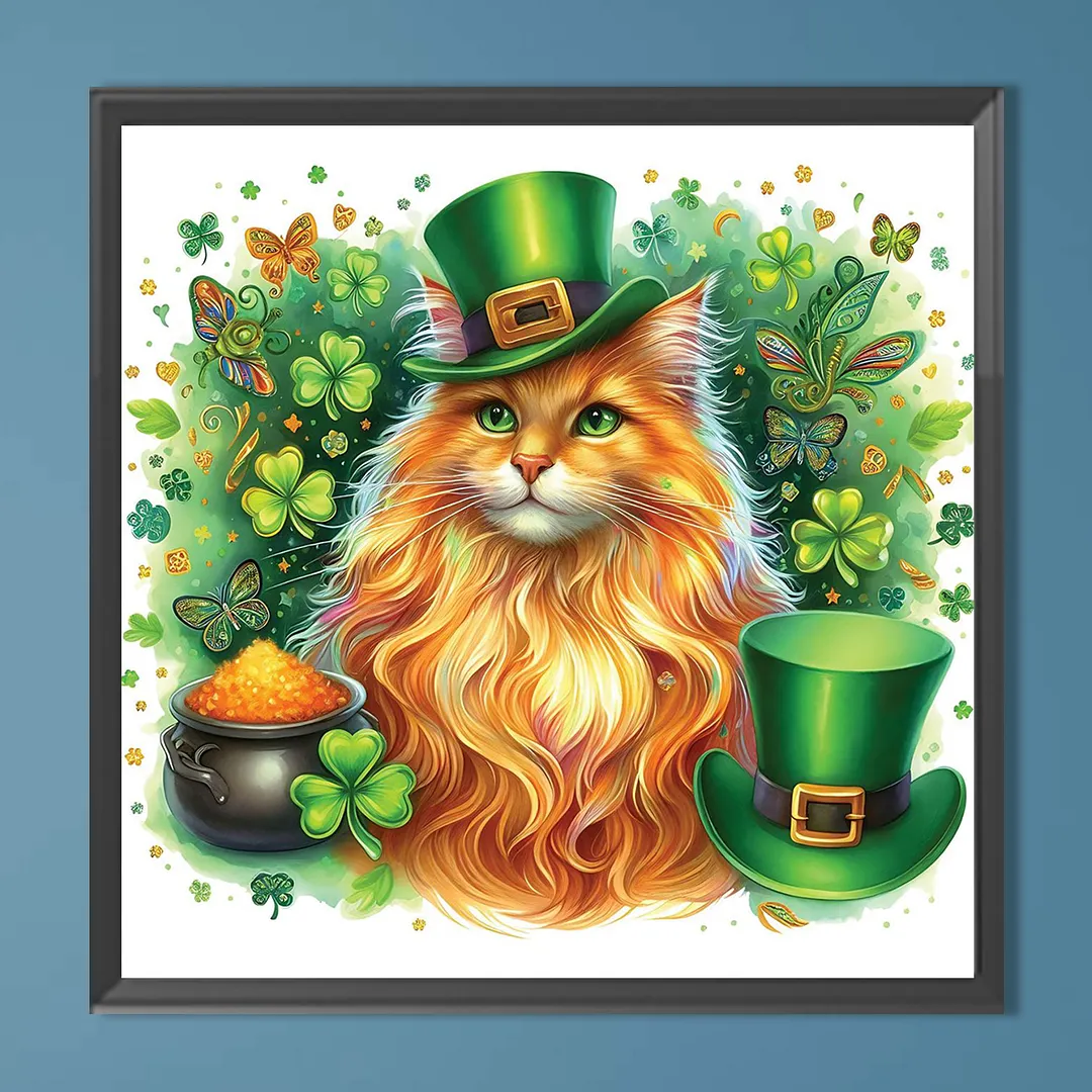 St Patricks Day Cat Full DIY 5D Round Drill Diamond Art Kits for Home Wall Decor 40x40cm