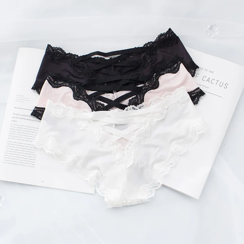 Billionm Back Bandage Design Satin Sexy Lace Panties Women Solid Seamless Underwear Cute Lingerie Briefs Thongs String
