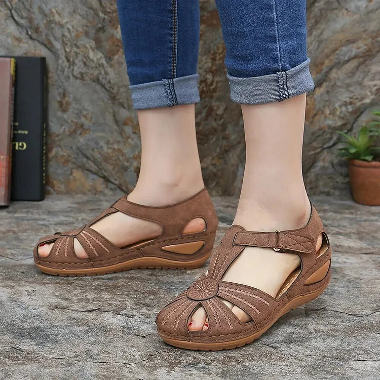 Summer new leather Baotou hook and loop women sandals QueenFunky