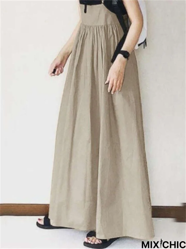 Long Skirt Spring Summer High Waist Skirt Solid Color Pleated Sling Long Skirt