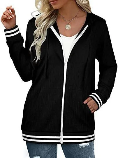 Women's Plain Zip Hooded Striped Sweatshirt Long Sleeve Jacket Top