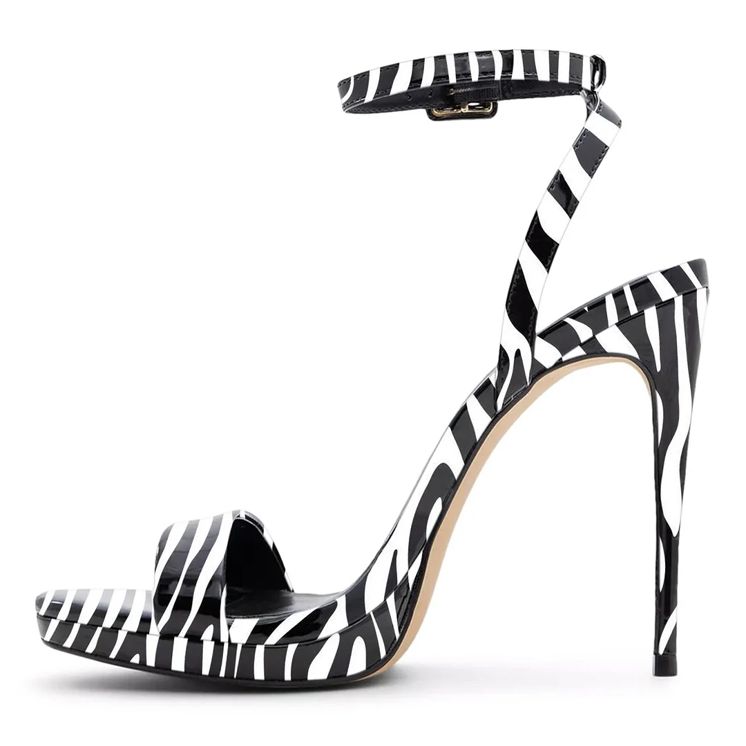 Black & White Zebra Print Stiletto Heel Ankle Strap Summer Sandals