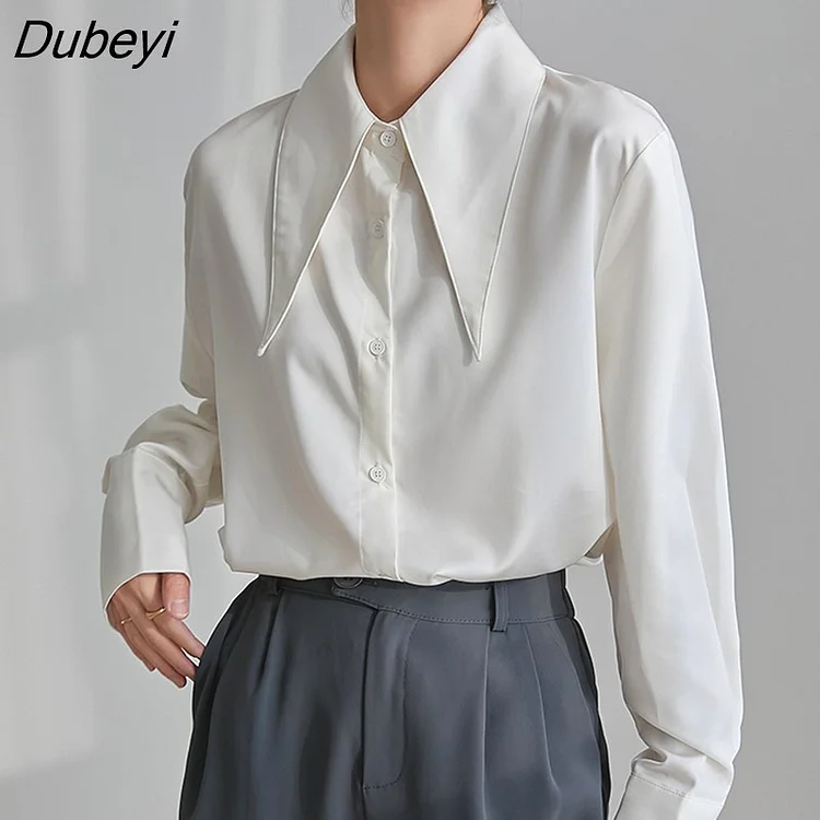Dubeyi Sleeve White Satin Blouse Women Autumn New Fashion Loose Vintage Button Shirt Women Clothing Chic Office Lady Tops 18015