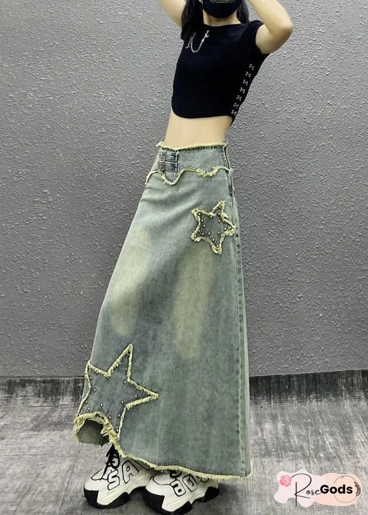 Fashion Blue Tasseled Nail Bead High Waist Denim Skirts Fall