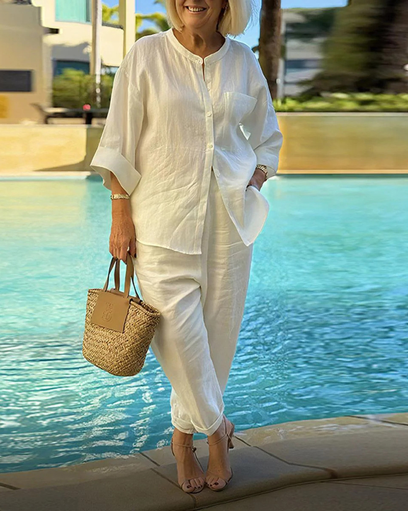 Three Quarter Sleeve Round Neck Shirt & Solid Color Pants Set